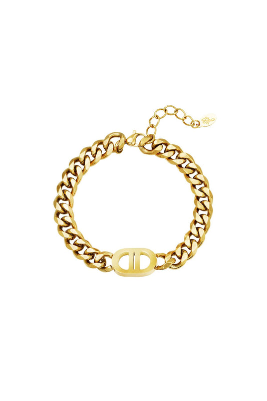 Gold chunky chain link bracelet with oval dual-bar centerpiece and adjustable clasp on white background