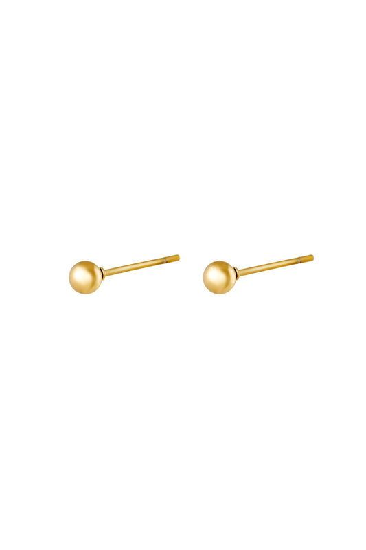 Pair of gold ball stud earrings with smooth rounded design isolated on white background
