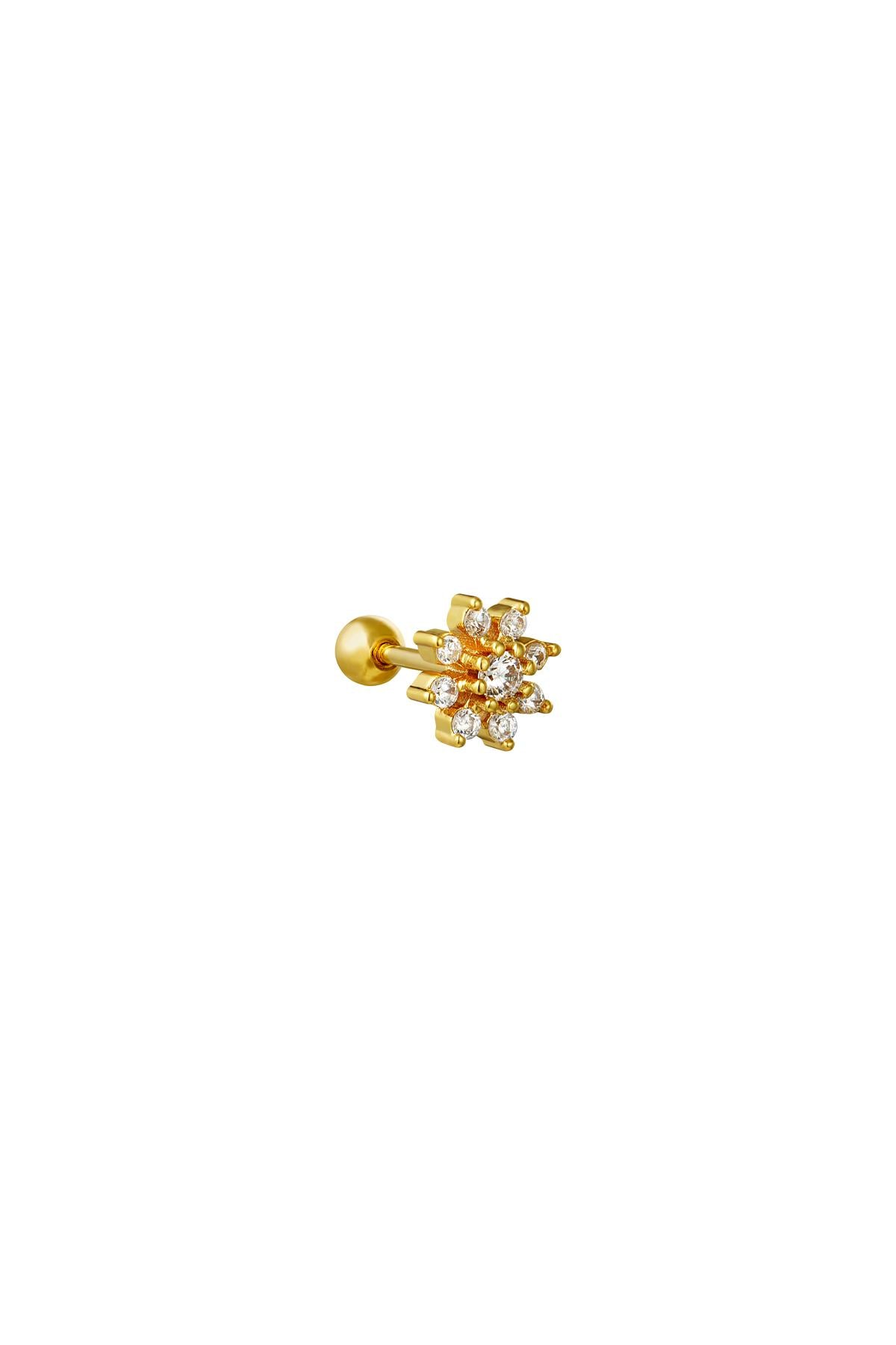 Close-up of a gold-tone crystal flower piercing earring with clear stones arranged in a floral design on white background