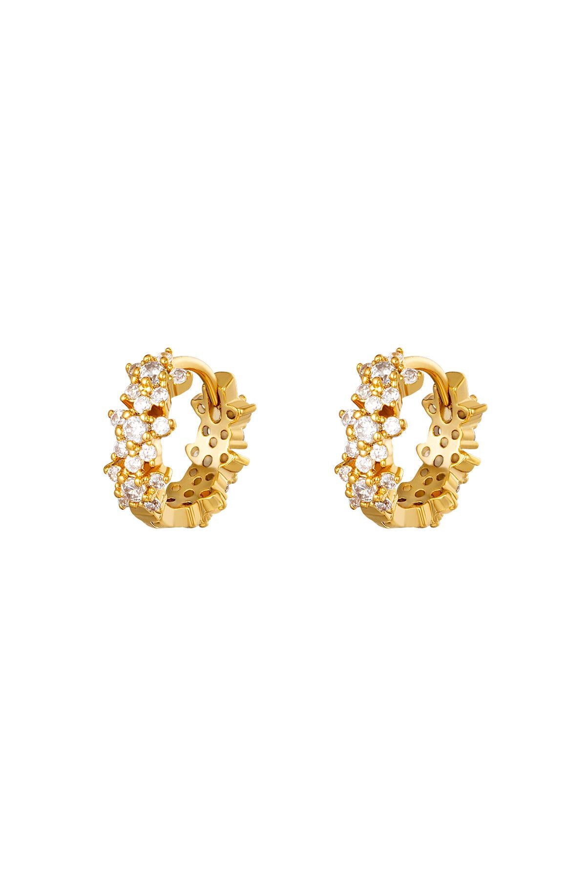Close-up image of gold plated hoop earrings with cluster of clear rhinestones