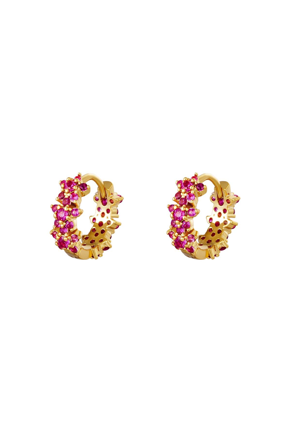 Gold plated hoop earrings adorned with vibrant pink and purple rhinestone clusters