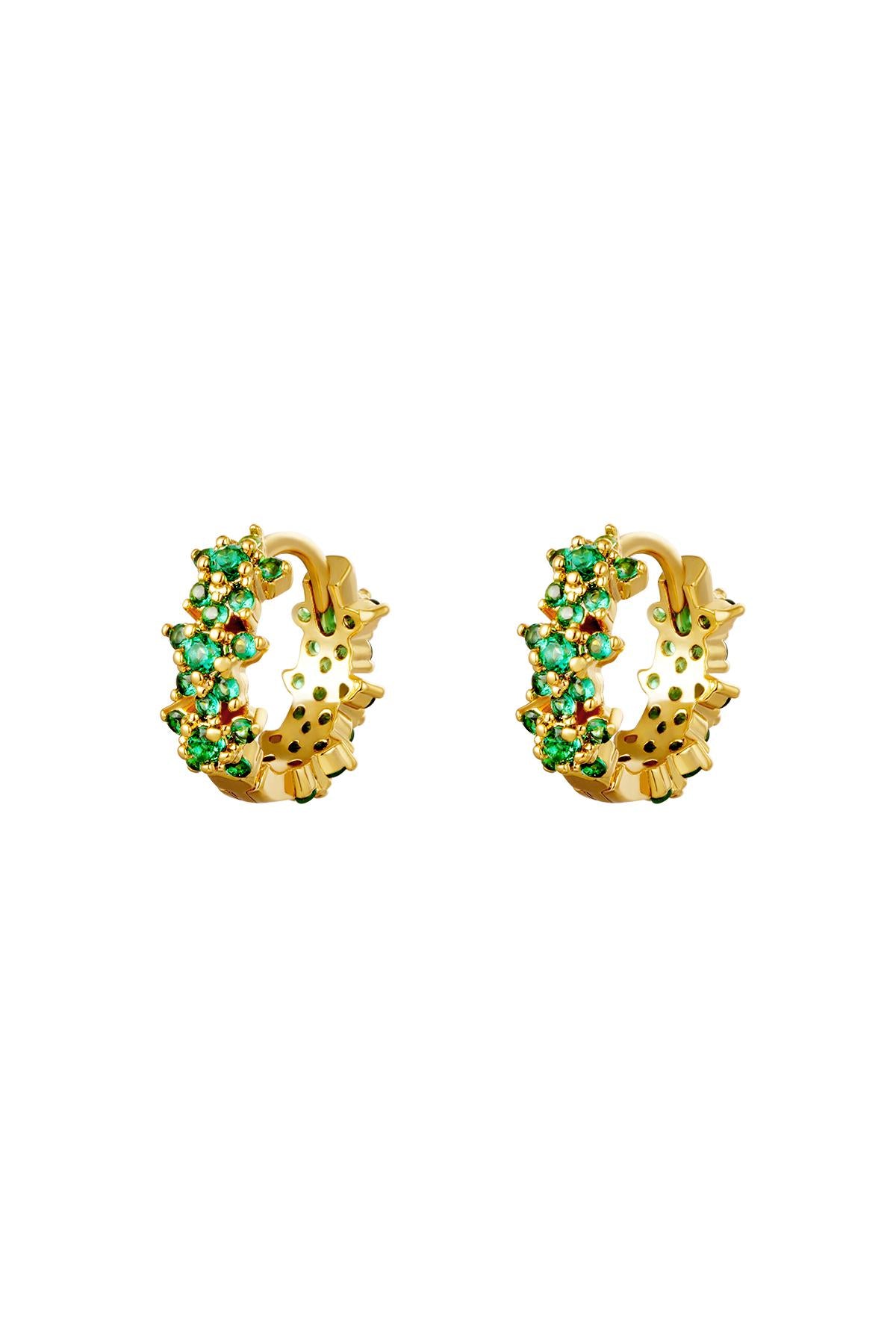 Gold plated hoop earrings featuring rich green rhinestone clusters with star accents