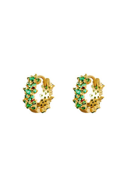 Gold plated hoop earrings featuring rich green rhinestone clusters with star accents
