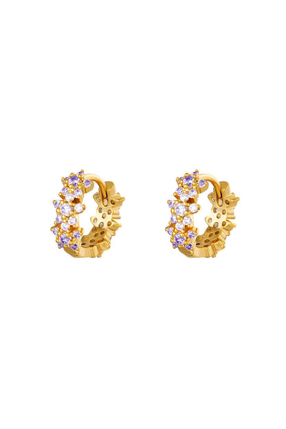 Gold plated hoop earrings decorated with light purple rhinestones arranged in cluster