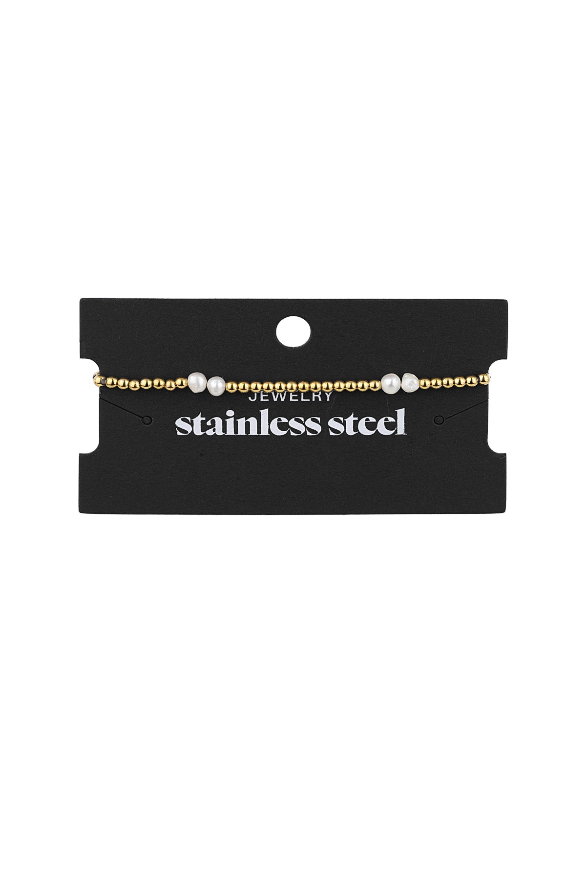 Gold and pearl beaded bracelet displayed on black jewelry card showing stainless steel label