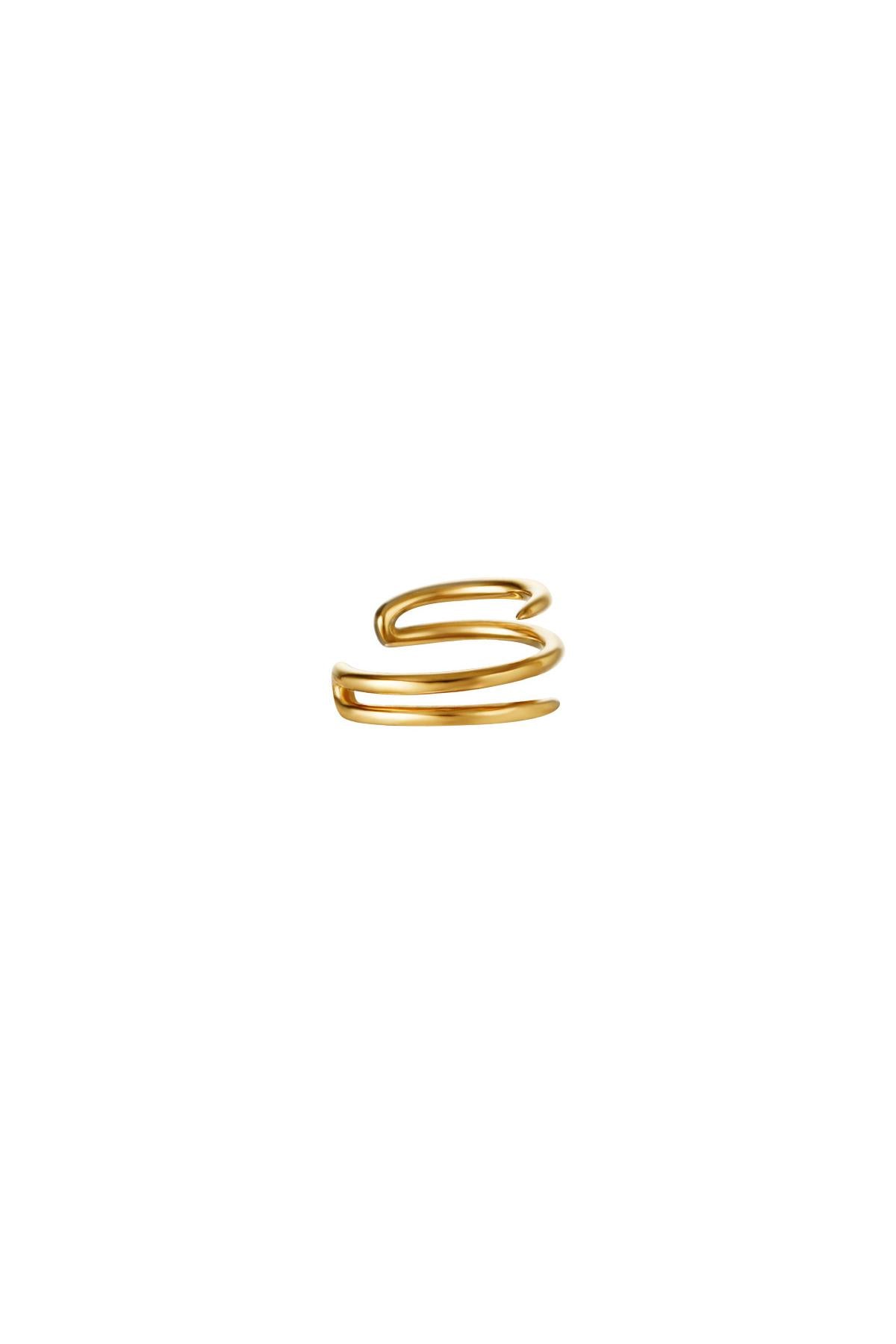 Close-up image of a spiral-shaped gold stainless steel ear cuff with smooth rounded edges.