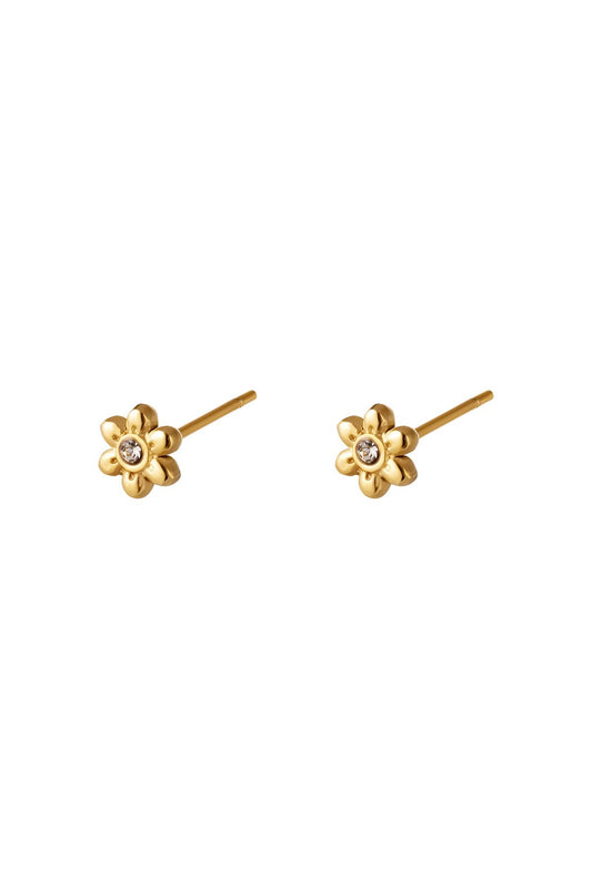 Pair of gold floral mini stud earrings with rhinestone center on white background