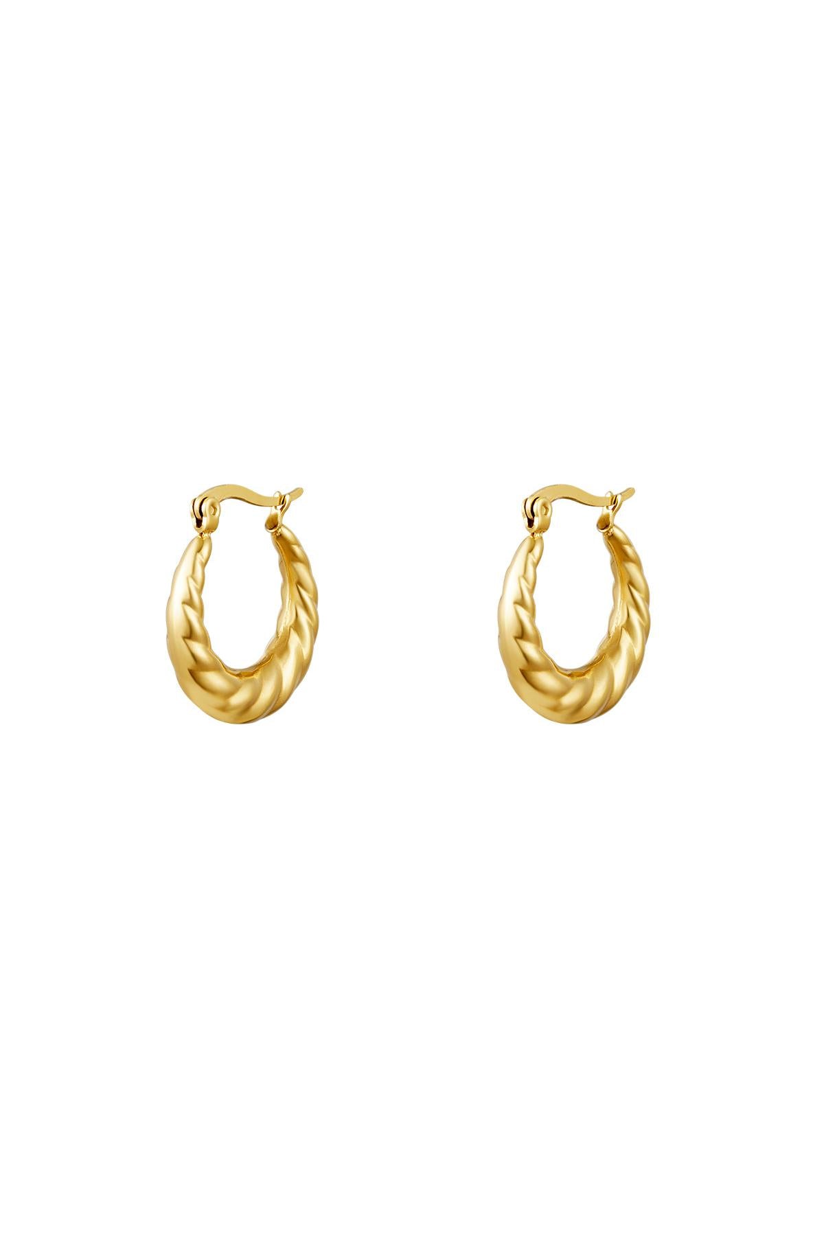 Pair of braided gold hoop earrings with a polished finish on white background