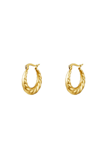 Pair of braided gold hoop earrings with a polished finish on white background