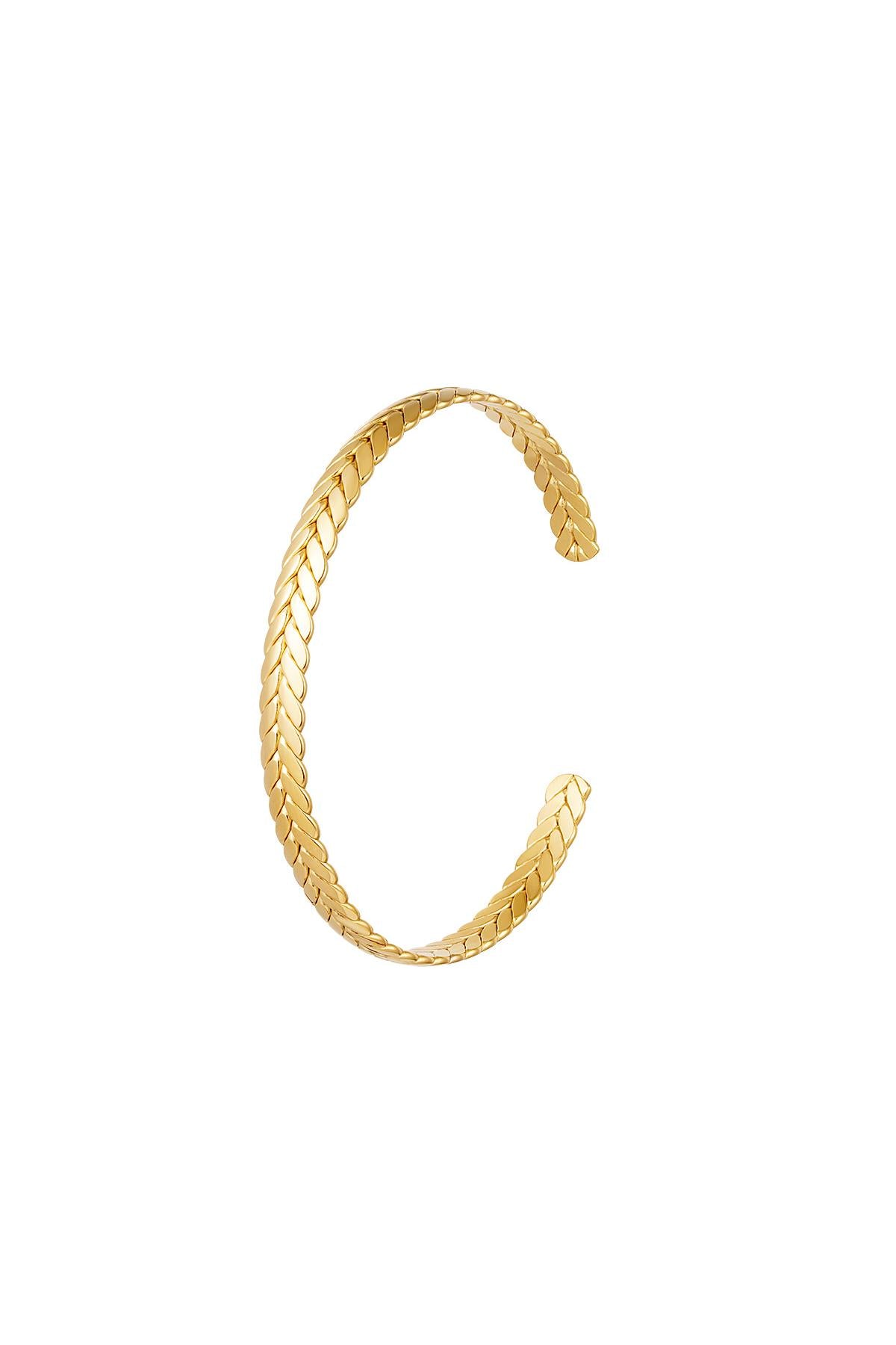 Gold laurel leaf design cuff bracelet with open end on white background