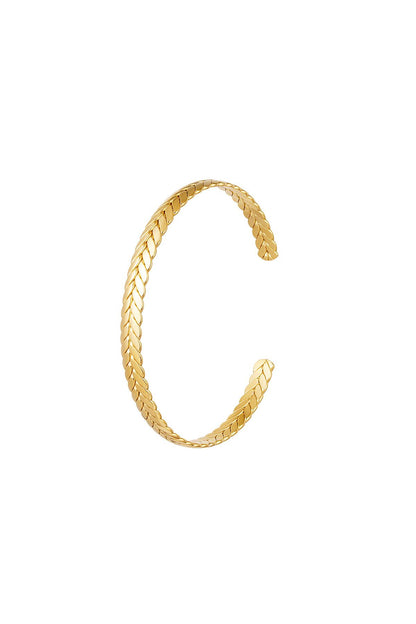 Gold laurel leaf design cuff bracelet with open end on white background