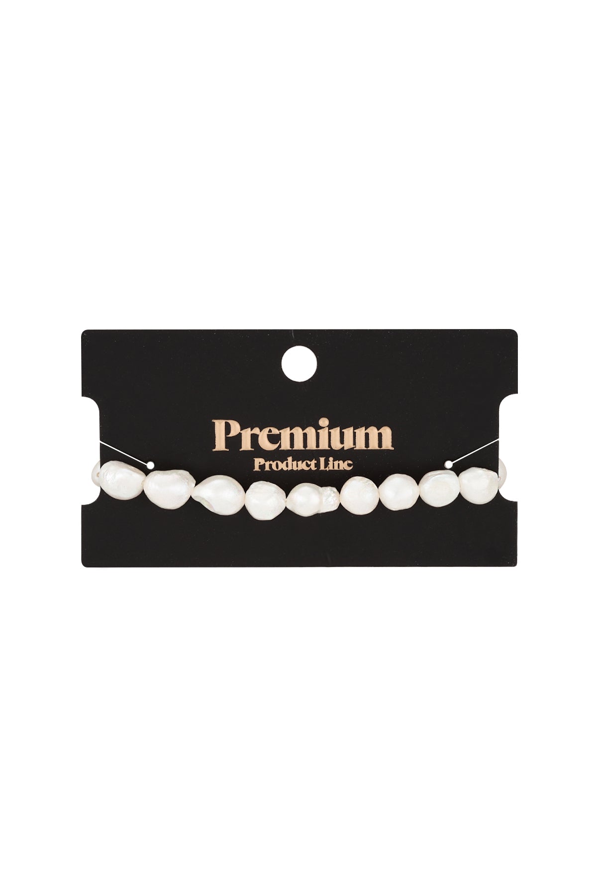 Freshwater pearl bracelet displayed on a black card labeled Premium Product Line, highlighting stocked boutique presentation.
