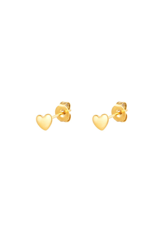 Pair of minimalist gold-tone heart-shaped stud earrings with butterfly backing on white background