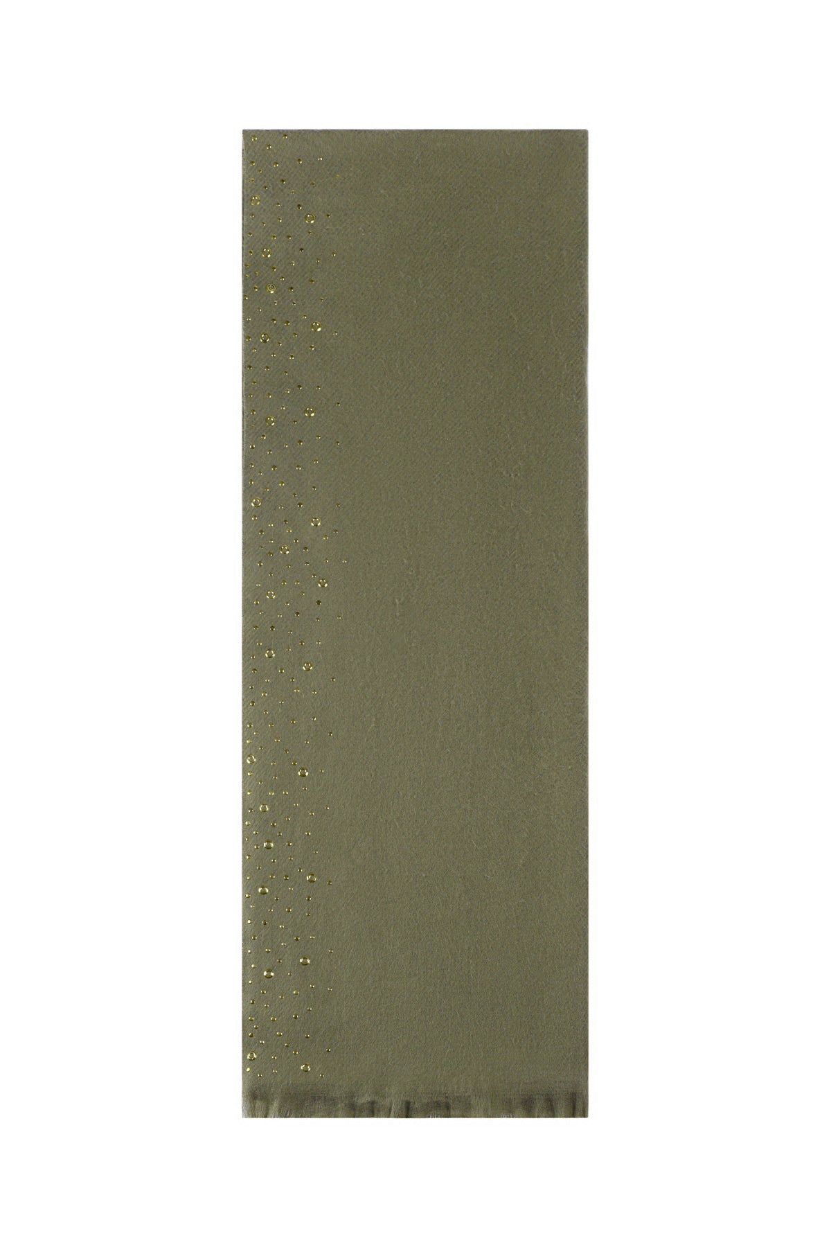 Army green winter scarf with gold stud details laid flat showing full length