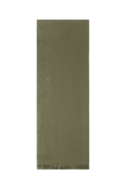 Army green winter scarf with gold stud details laid flat showing full length