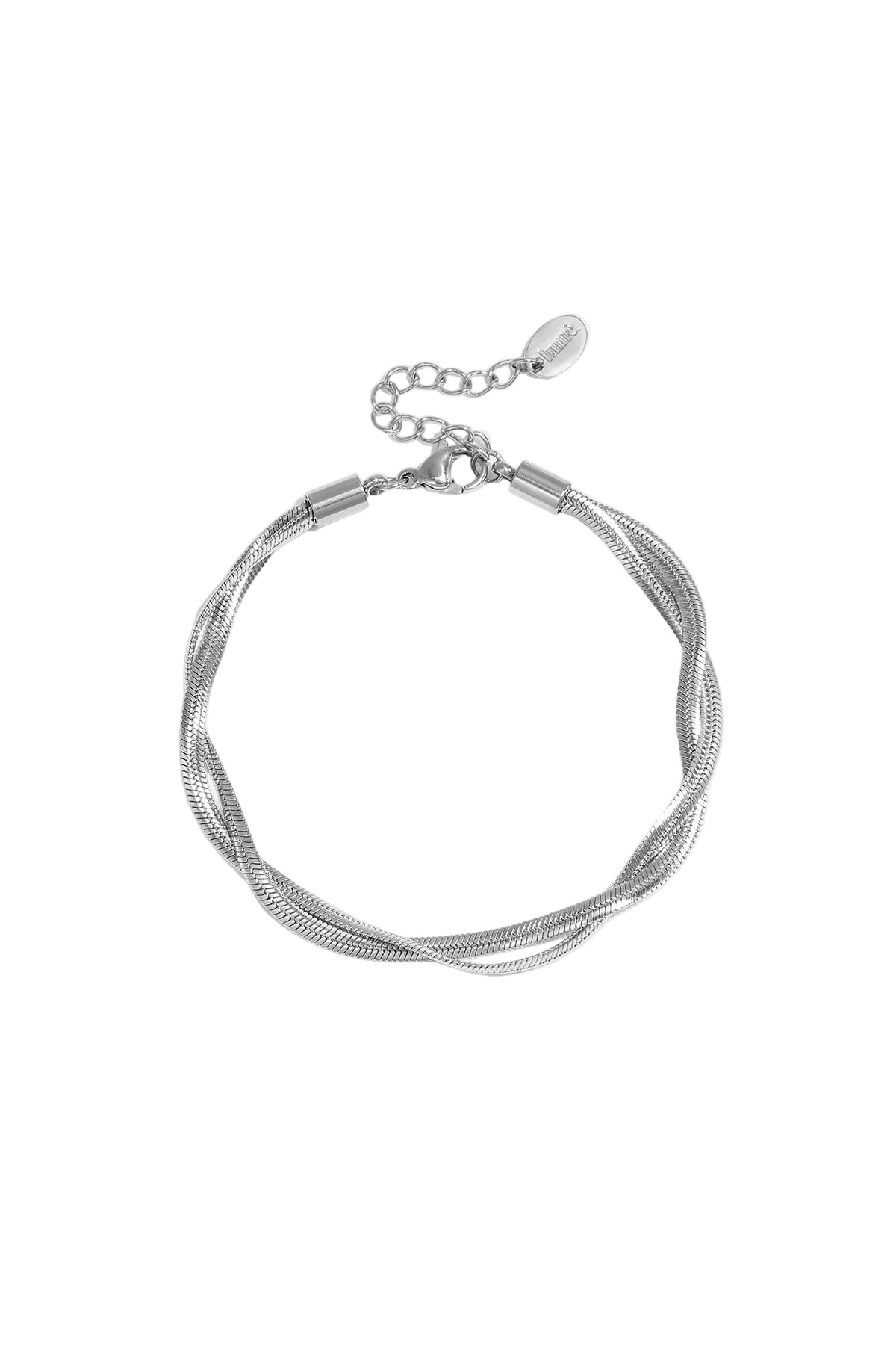 Silver twisted metal chain bracelet with lobster clasp and adjustable extension on white background