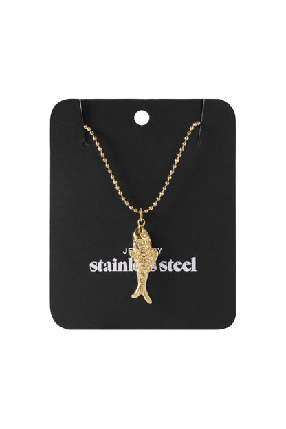 Gold-tone stainless steel fish pendant necklace on a bead chain displayed on a black backing card.