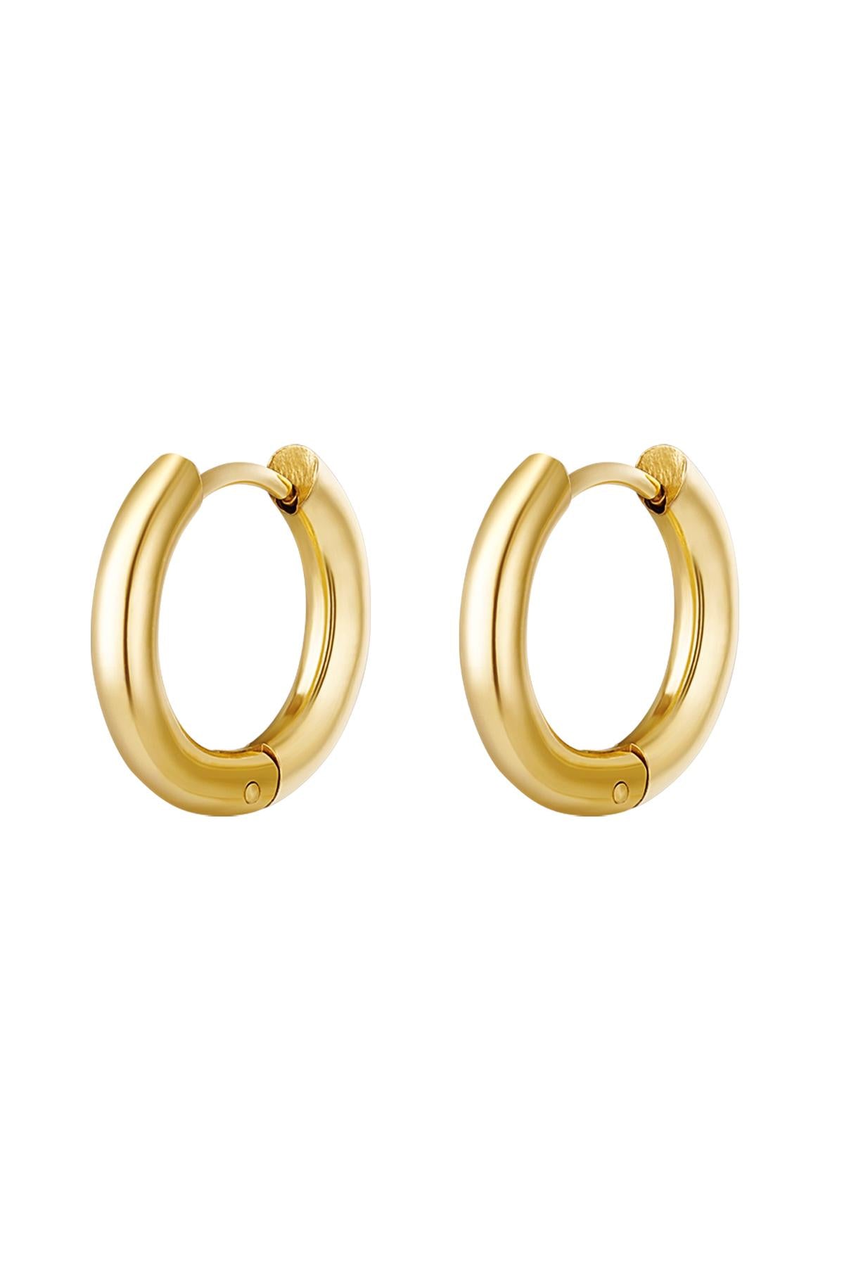 Pair of polished gold-colored stainless steel hoop earrings with rounded smooth design on white background