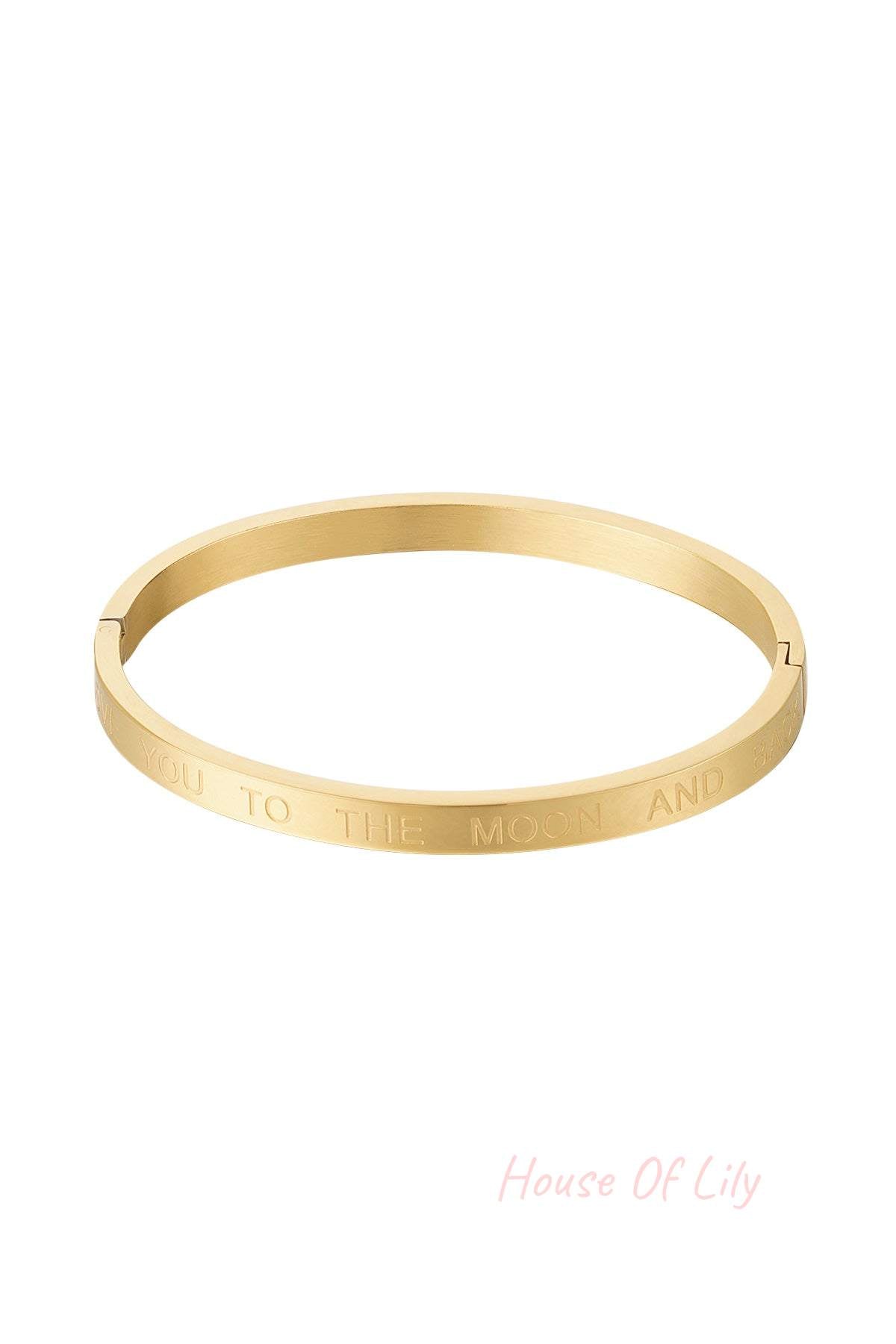 Gold stainless steel bangle bracelet engraved with the phrase 'Love you to the moon and back' on white background