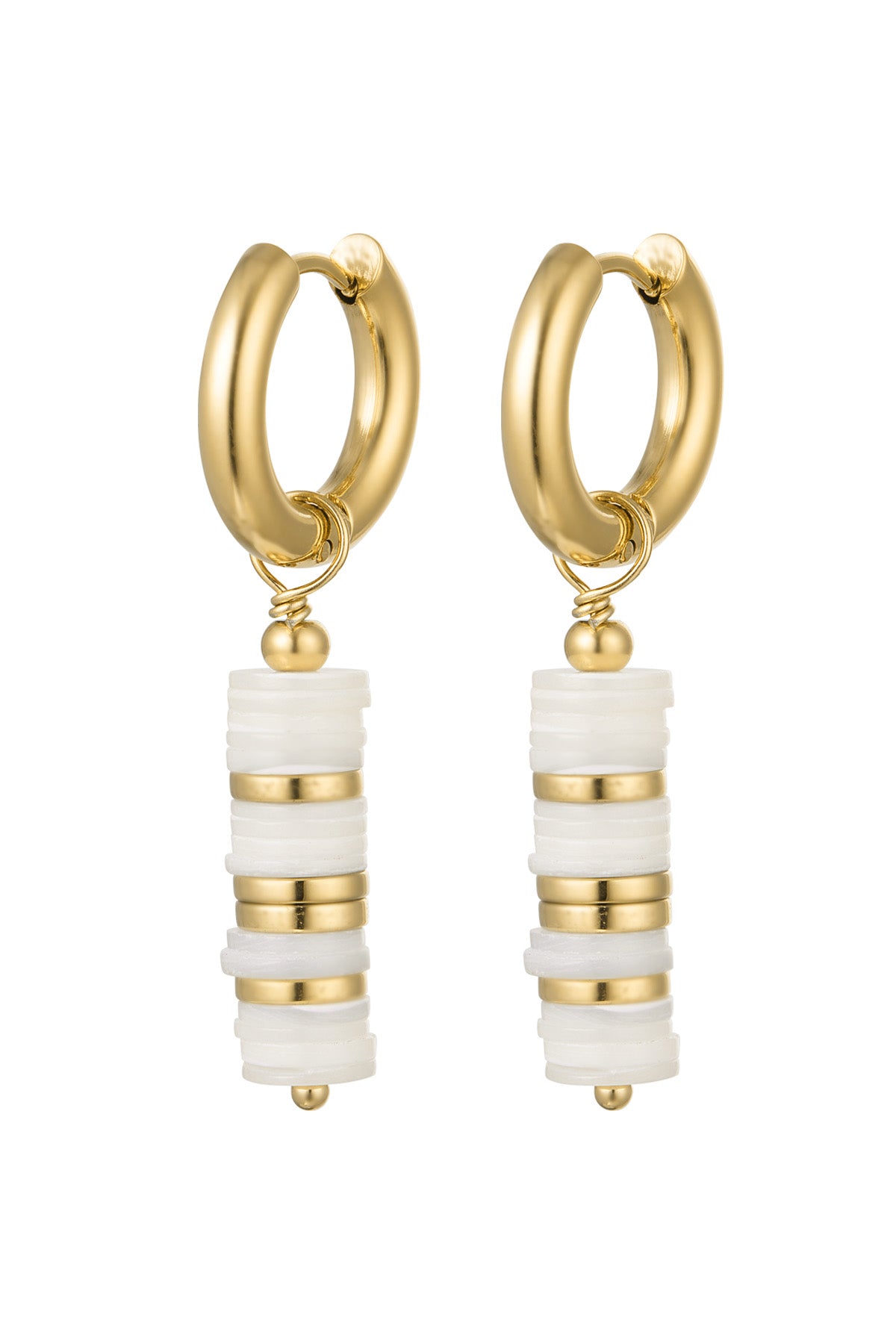 Pair of gold hoop earrings with layered white and gold beaded pendants.