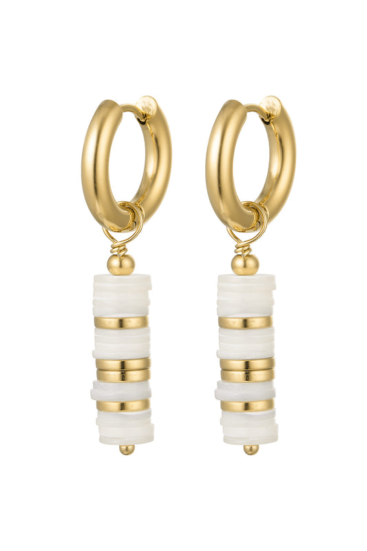 Pair of gold hoop earrings with layered white and gold beaded pendants.