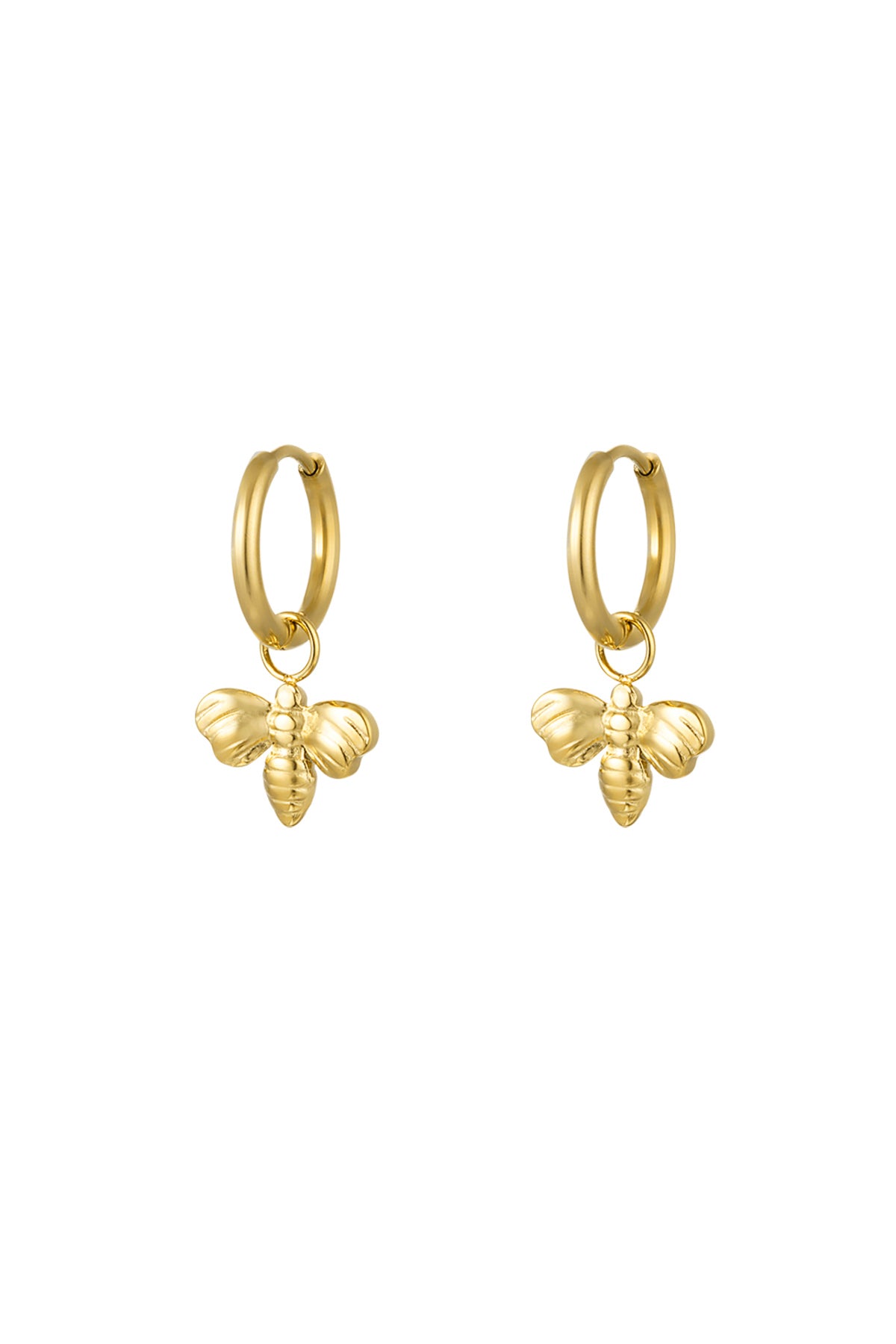 Pair of gold bee charm hoop earrings on white background