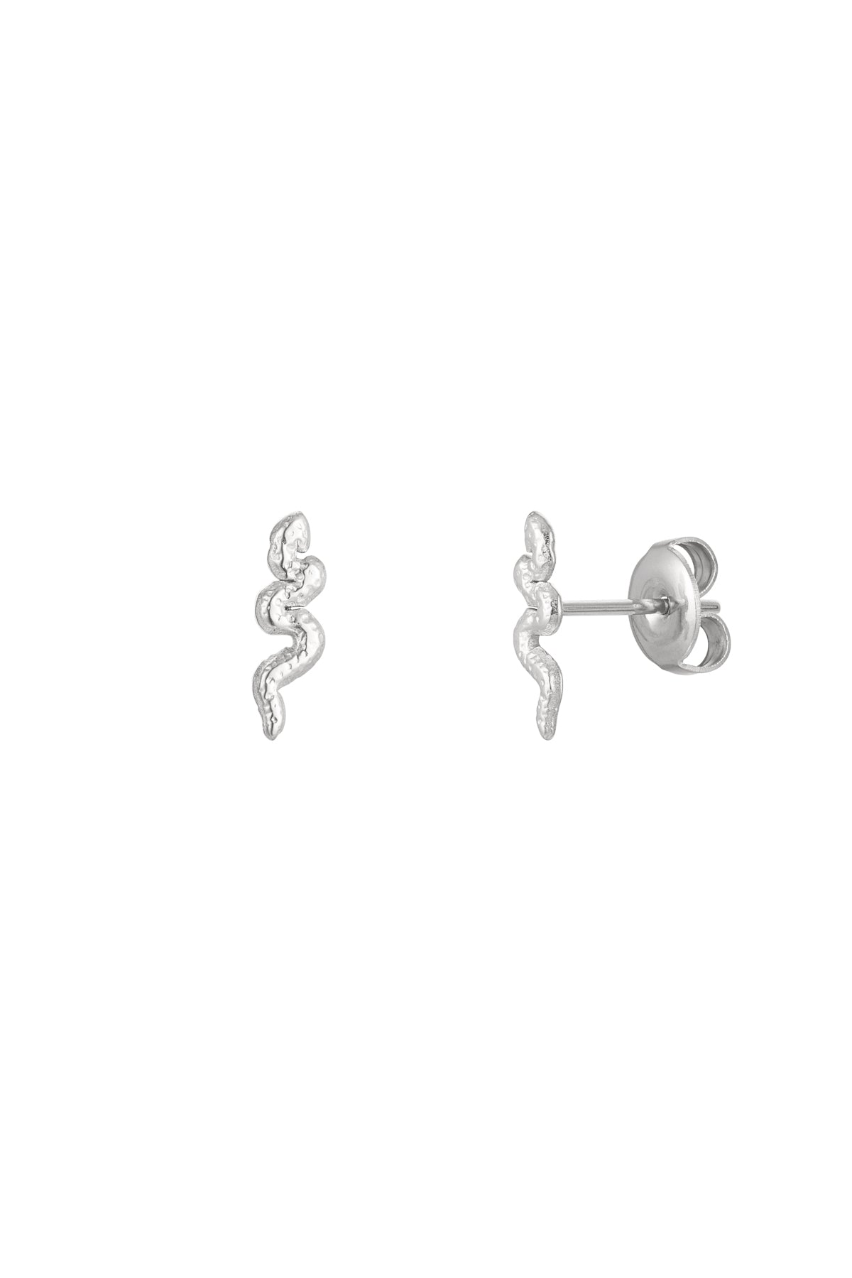 Close-up of silver snake-shaped stud earrings with butterfly clasp on white background
