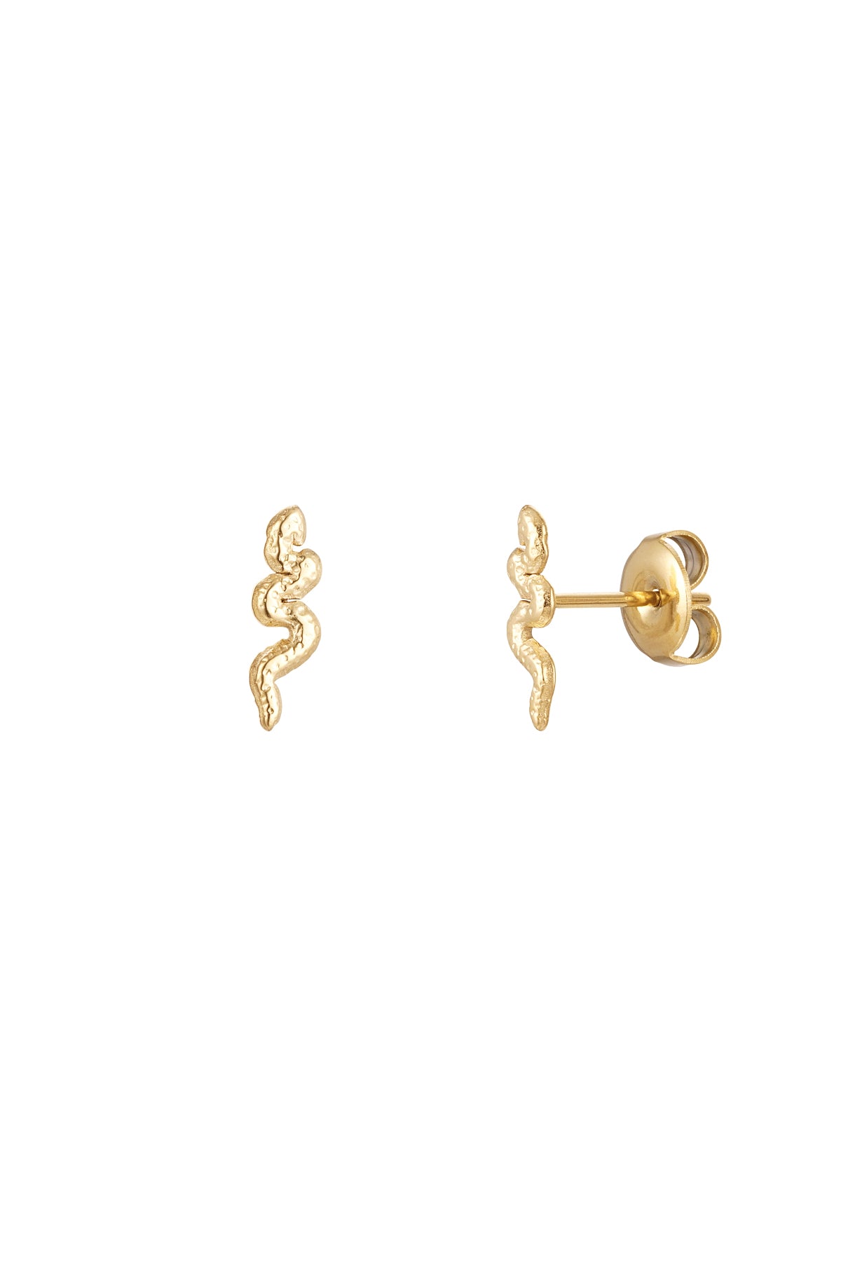 Close-up of gold snake-shaped stud earrings with butterfly clasp on white background