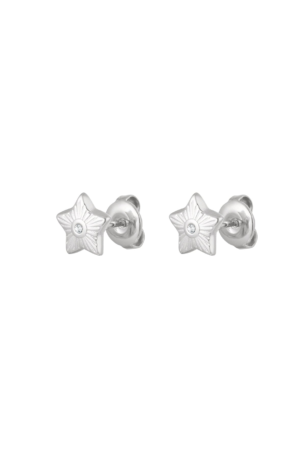 Close-up of silver star-shaped mini stud earrings with rhinestone center displayed on white background