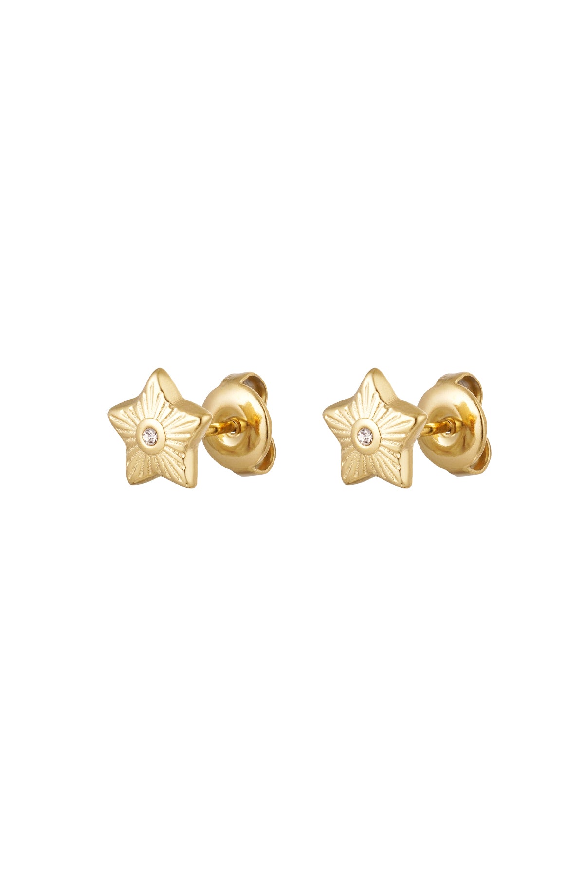 Close-up of gold star-shaped mini stud earrings with rhinestone center displayed on white background