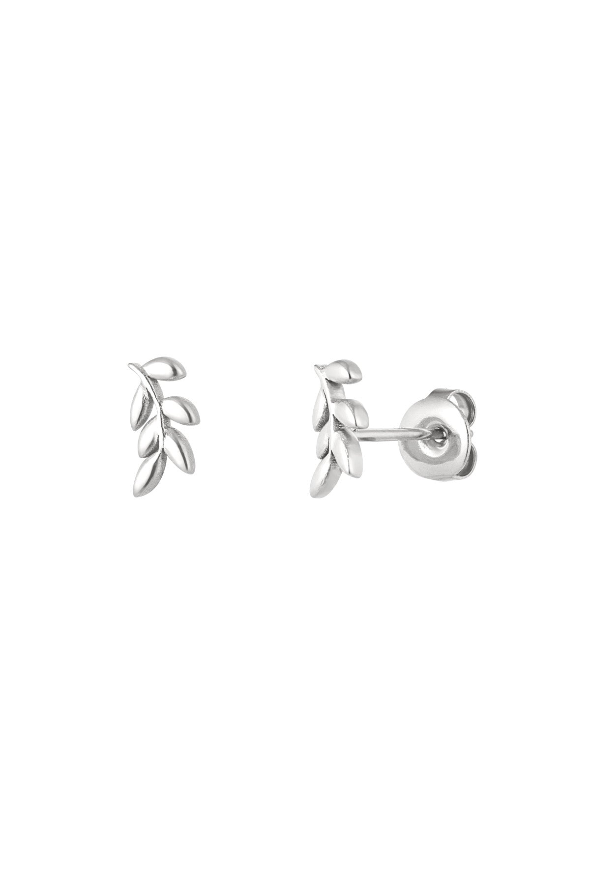 Close-up of silver-tone leaf design stud earrings with push-back closure on white background