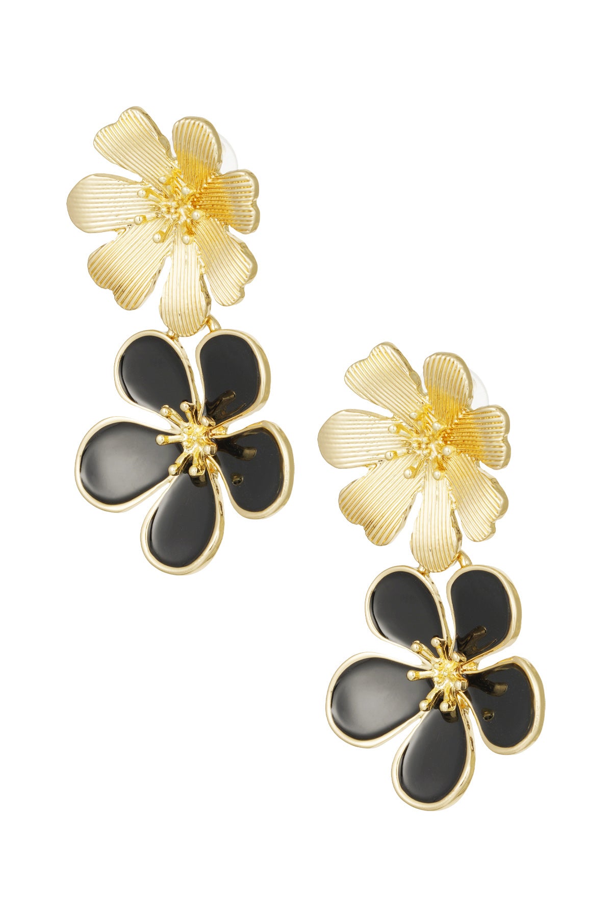 Pair of gold-tone drop earrings with textured top flower and terracotta enamel bottom flower on white background