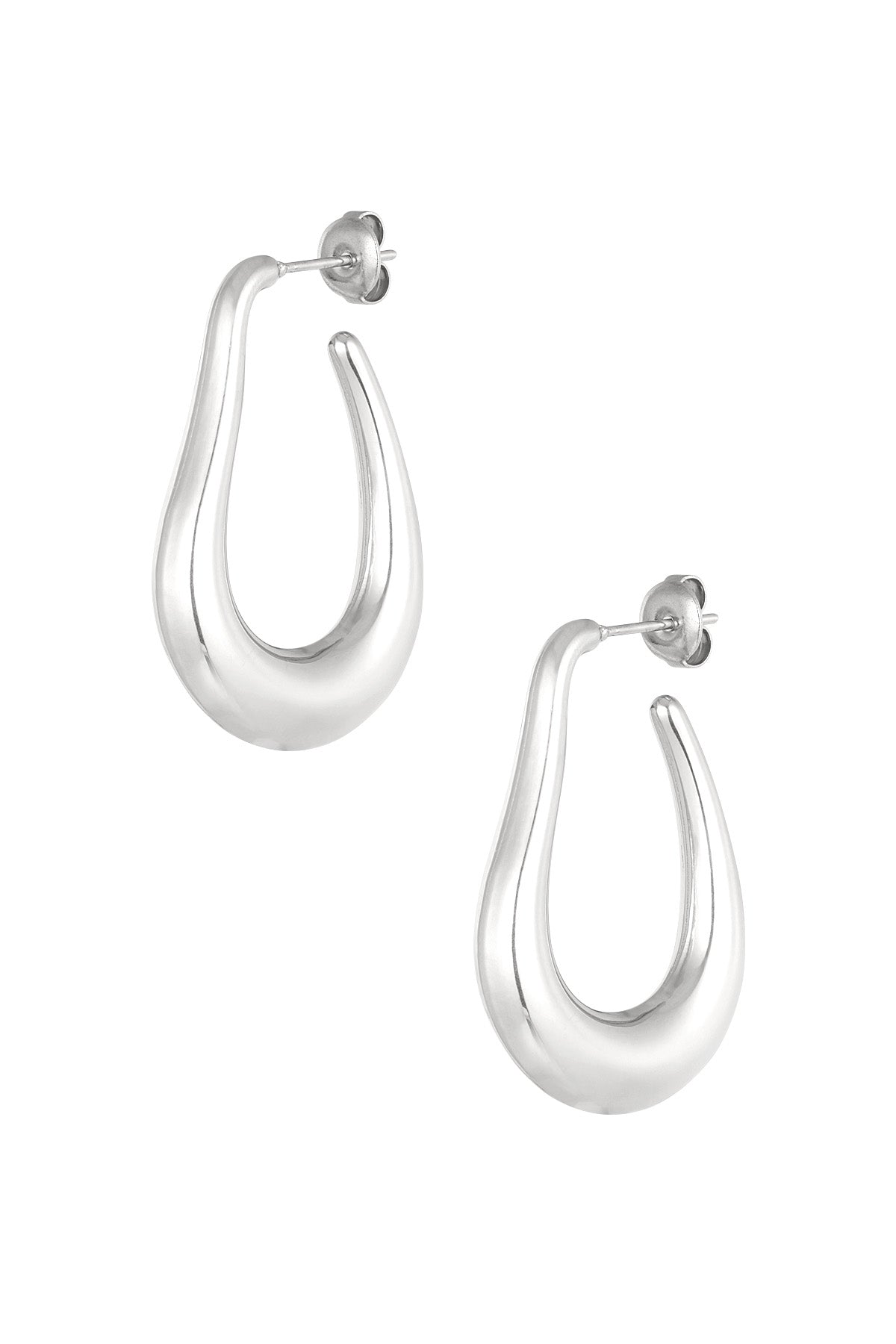 Close-up of silver teardrop-shaped hoop earrings with post back