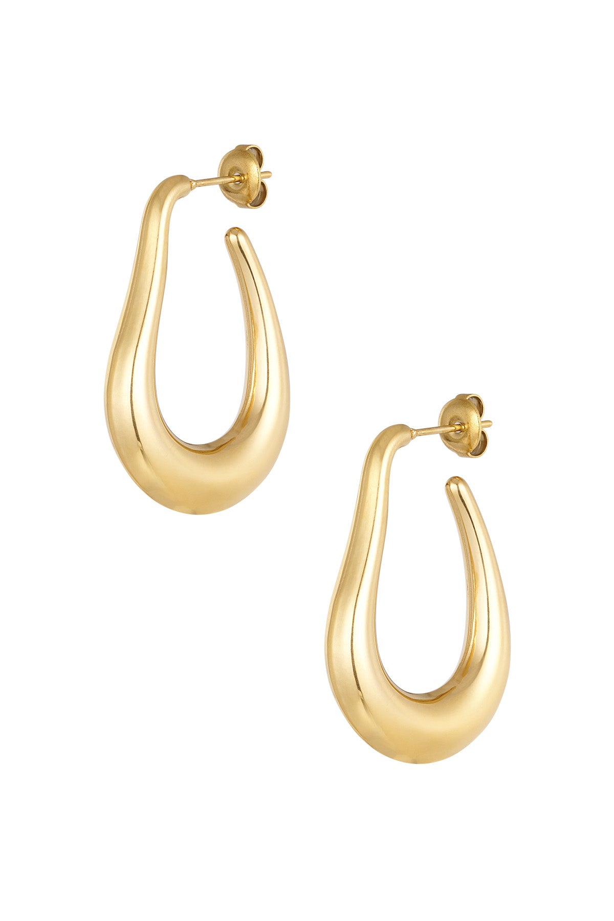 Close-up of gold teardrop-shaped hoop earrings with post back