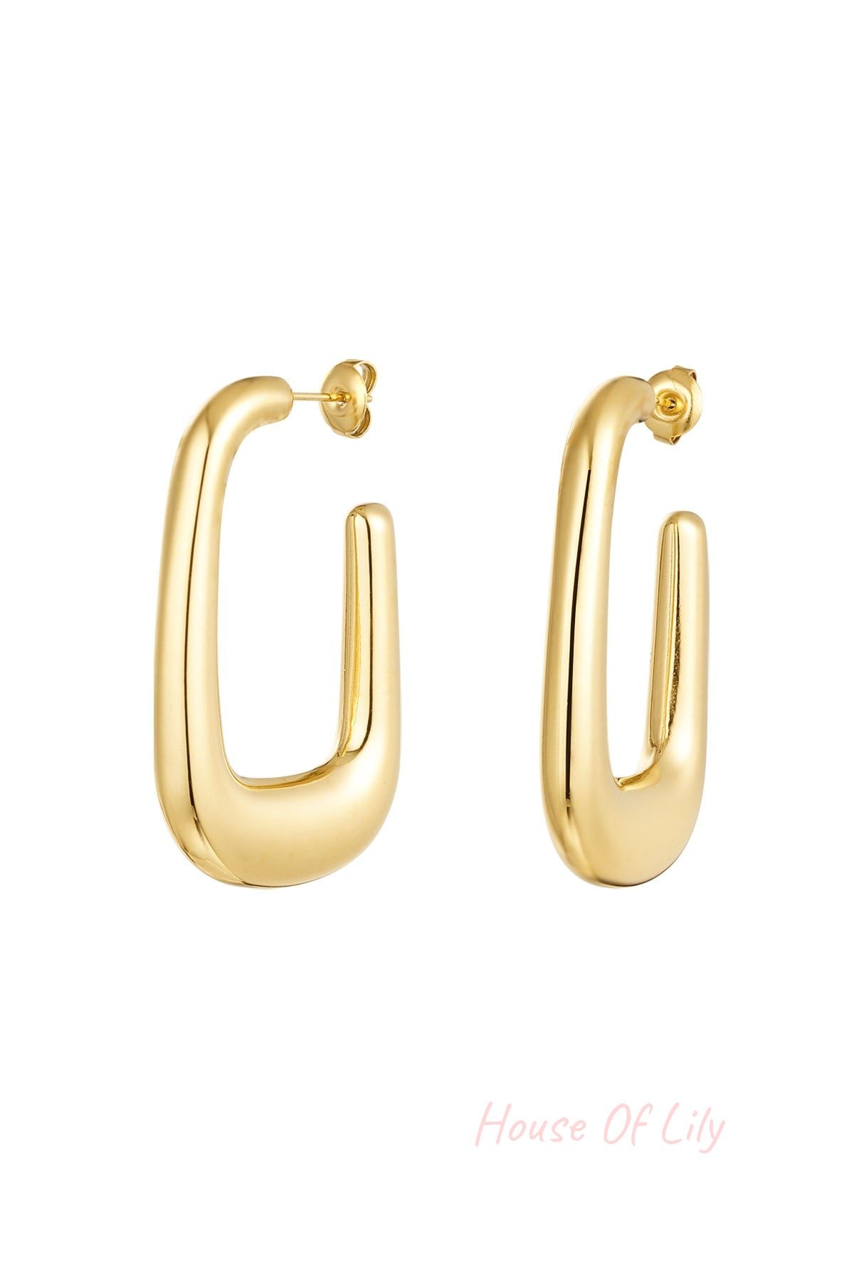 Pair of chunky gold-tone minimalist hoop earrings displayed on white background