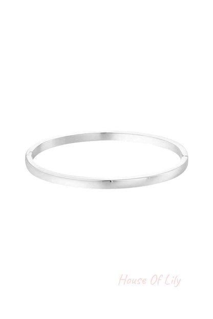 Single polished slim silver bangle bracelet on white background