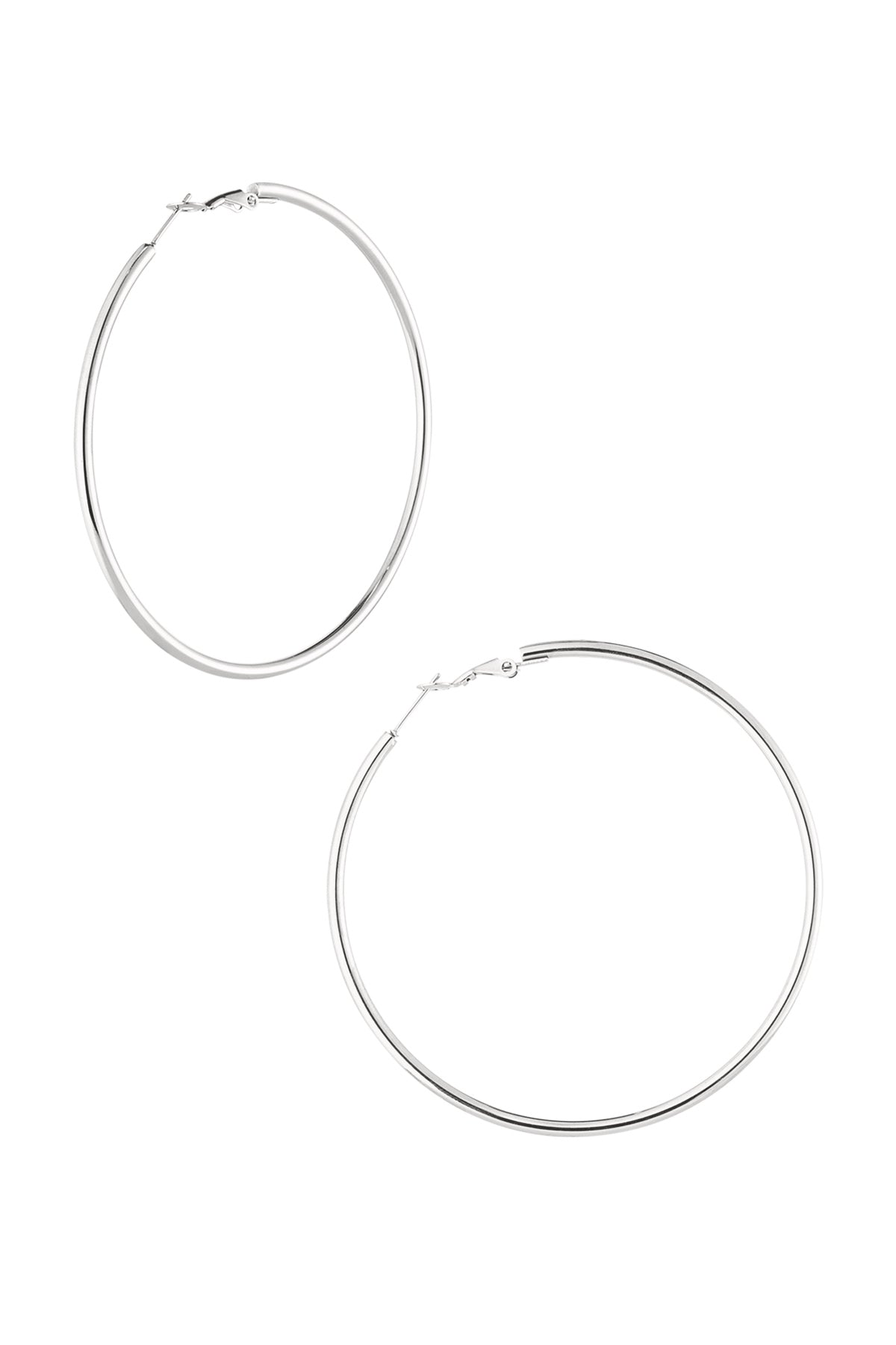 Pair of polished silver hoop earrings with snap latch closure displayed on white background