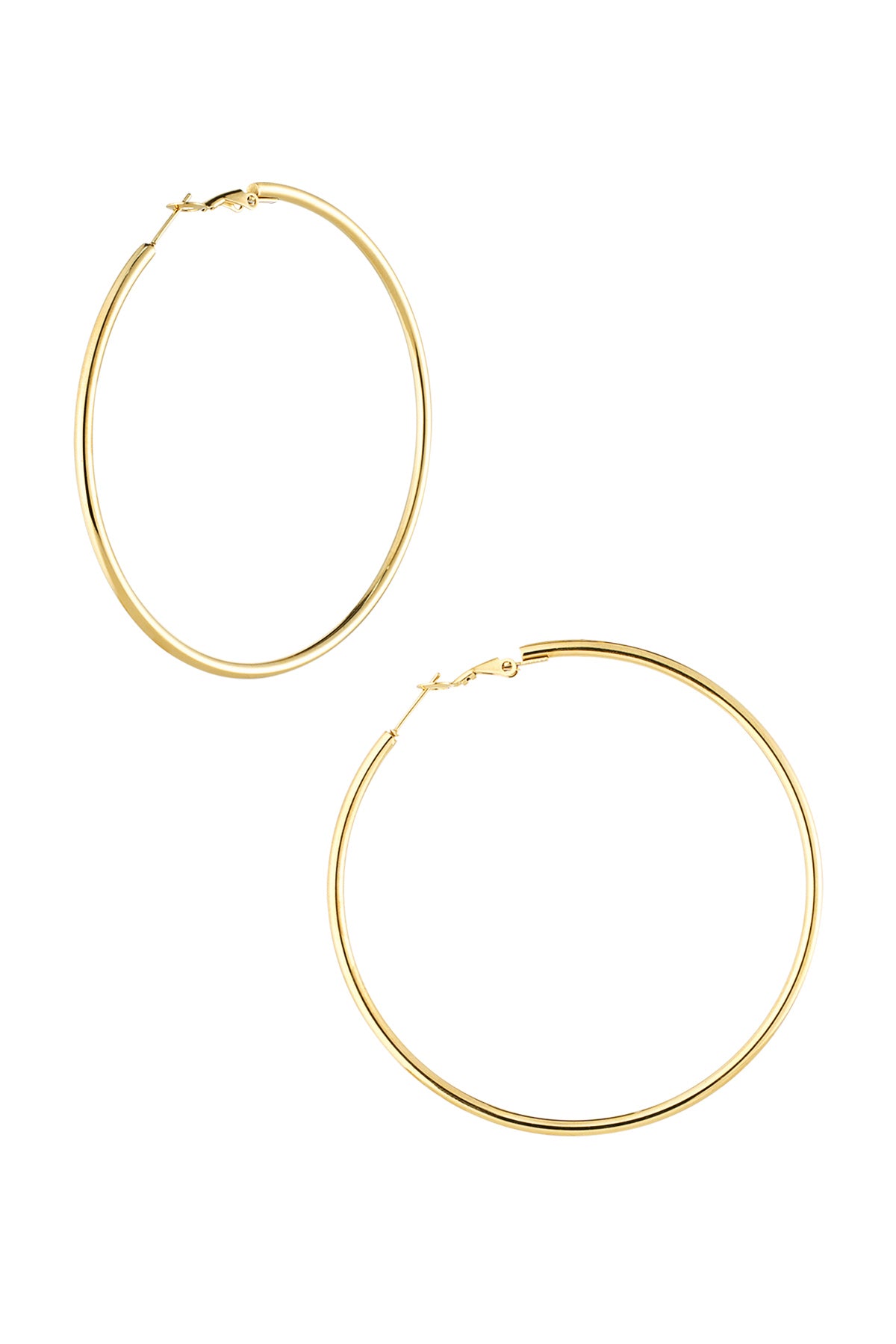 Pair of shiny classic gold hoop earrings with secure snap latch closure on white background