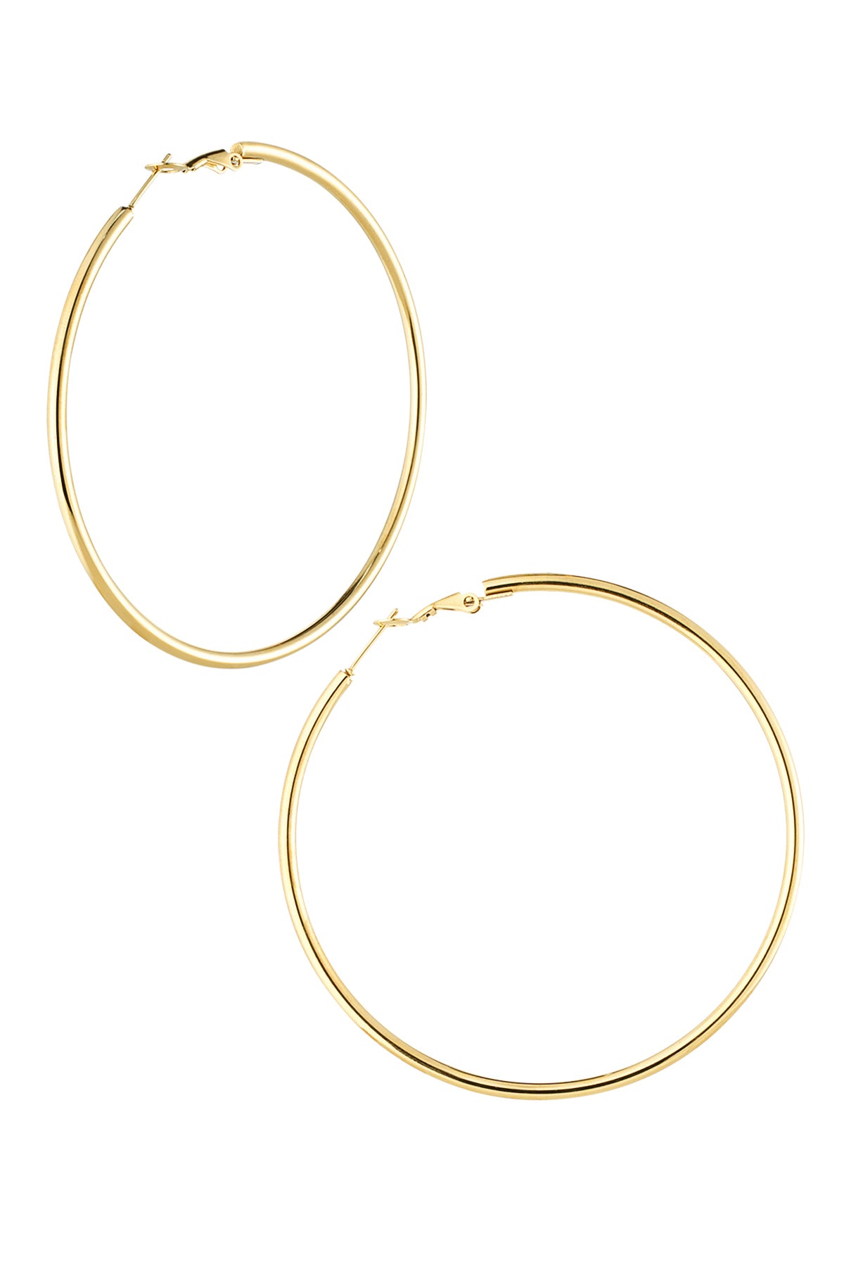 Pair of polished gold-colored large hoop earrings with hinged clasp on a white background