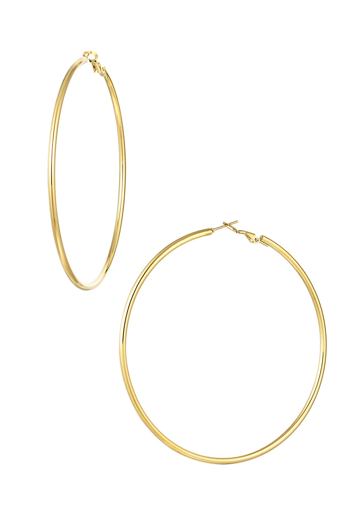 Close-up image of shiny, smooth gold plated large hoop earrings set against white background