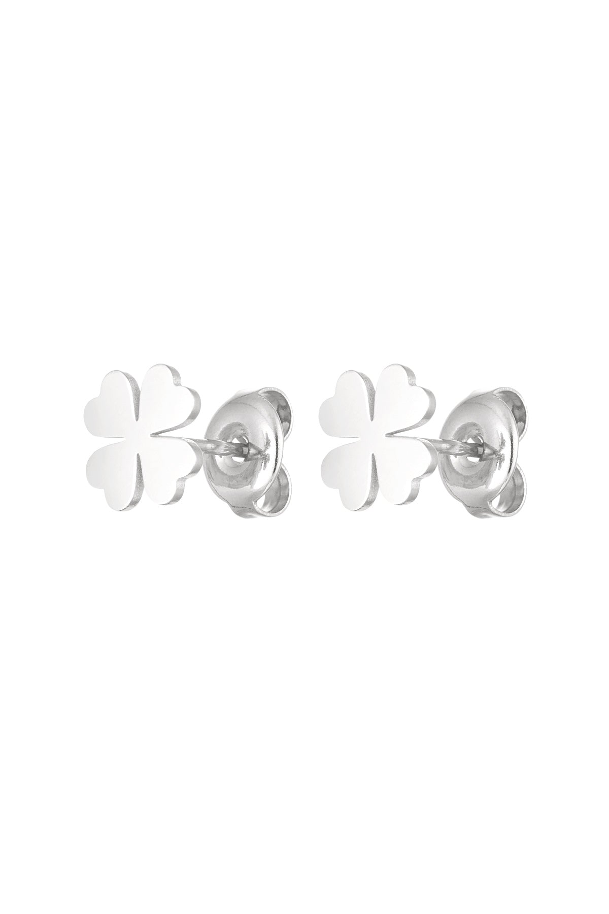 Pair of silver-tone four leaf clover stud earrings with butterfly back closures on white background