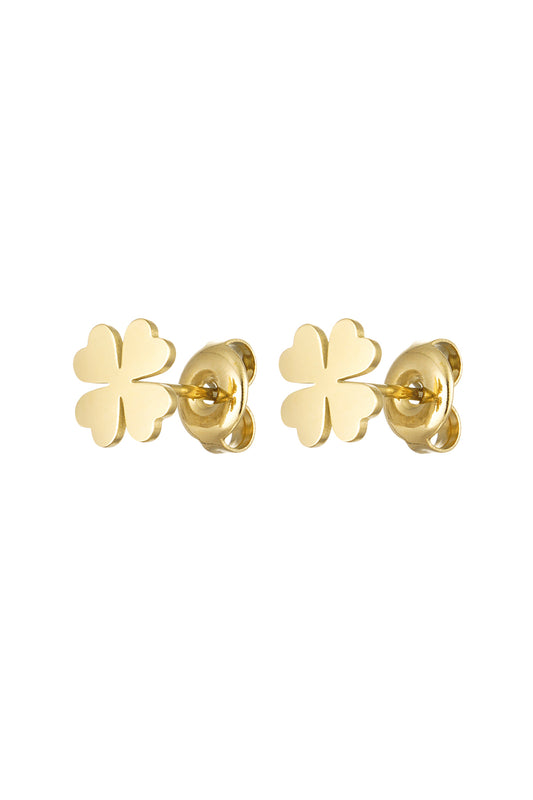Pair of gold-tone four leaf clover stud earrings with butterfly back closures on white background