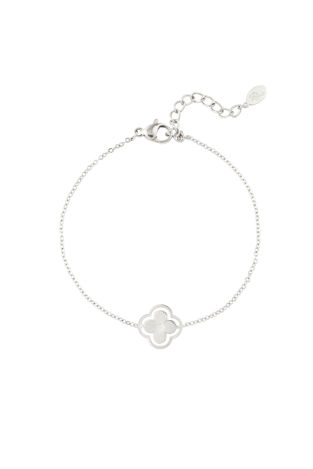 Silver double clover charm bracelet on white background with detailed chain and lobster clasp