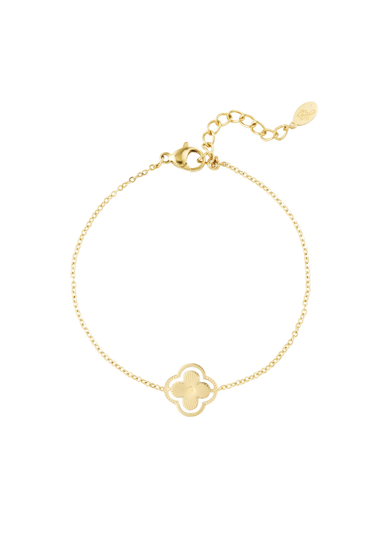 Gold double clover charm bracelet on white background showing delicate chain and adjustable clasp