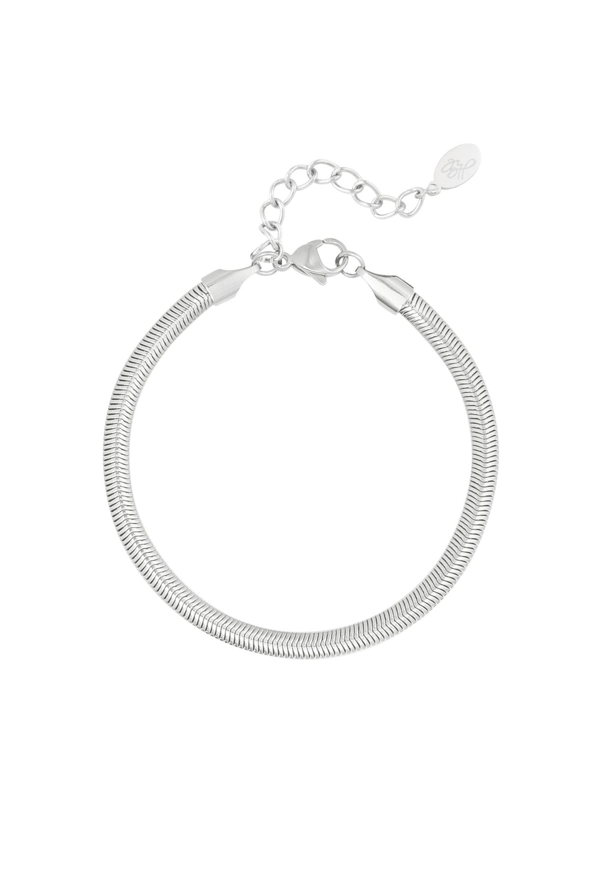 Silver flat herringbone chain bracelet with lobster clasp and adjustable extension chain on white background