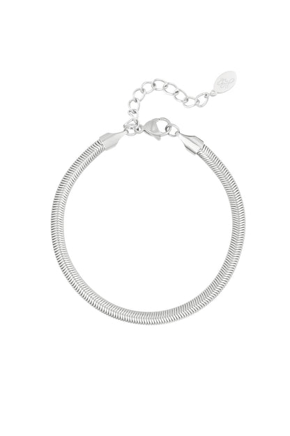 Silver flat herringbone chain bracelet with lobster clasp and adjustable extension chain on white background