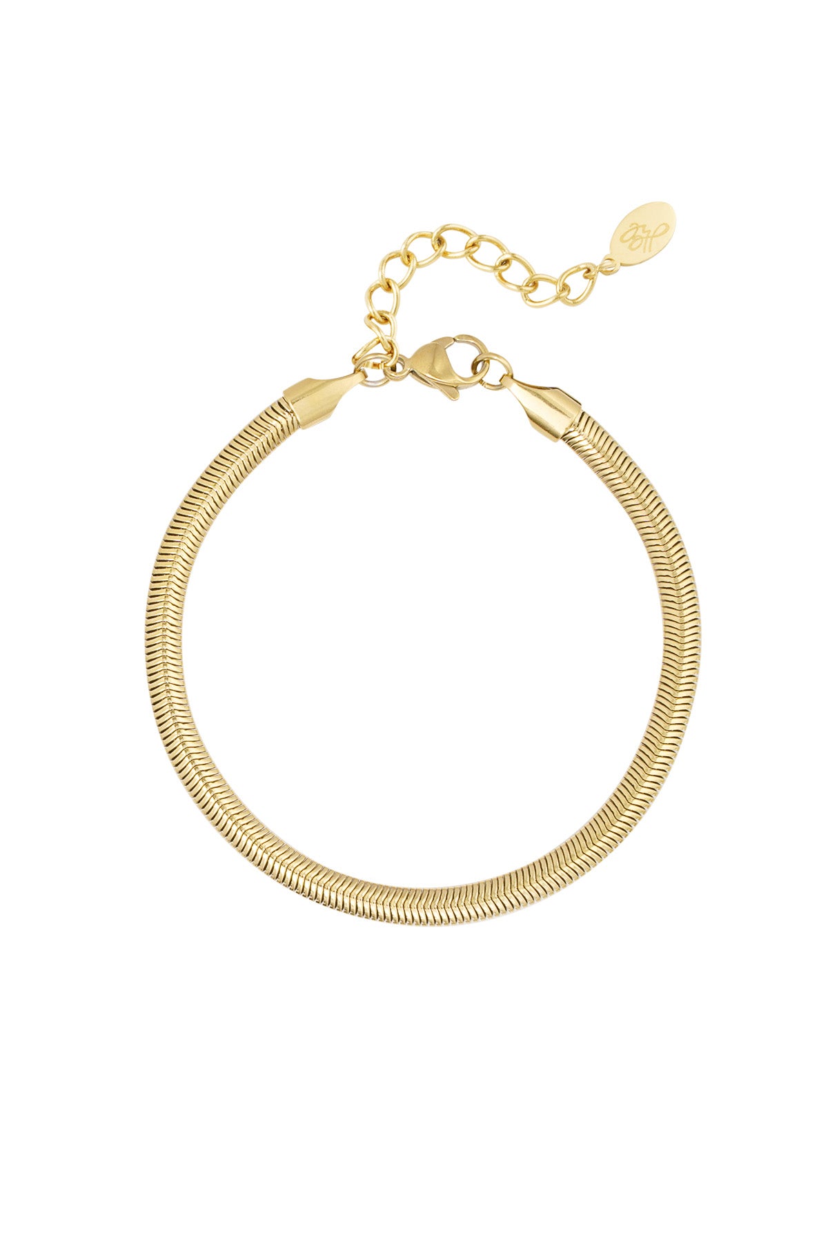 Gold flat herringbone chain bracelet with lobster clasp and adjustable extension chain on white background