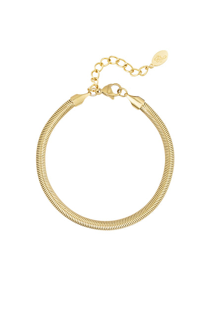 Gold flat herringbone chain bracelet with lobster clasp and adjustable extension chain on white background