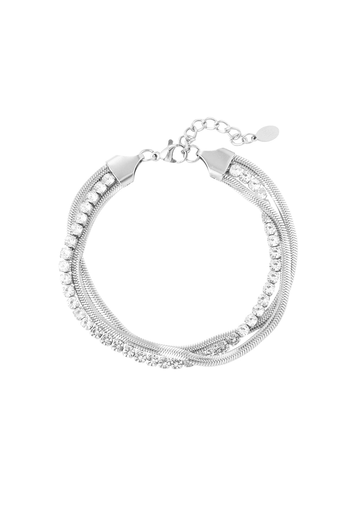 Silver layered chain bracelet with intertwined links and clear rhinestones on white background