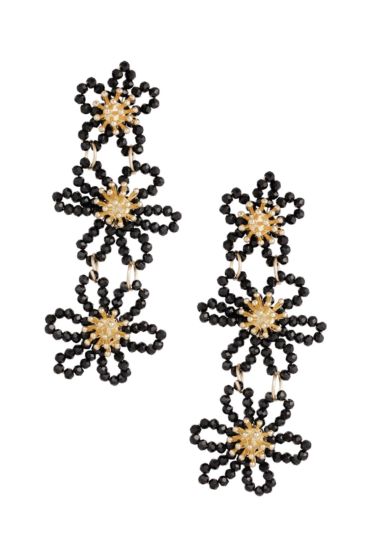 Front view of black floral beaded dangle earrings with gold centers